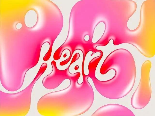 Glossy liquid typography spelling 'heart' in pink-to-yellow gradient