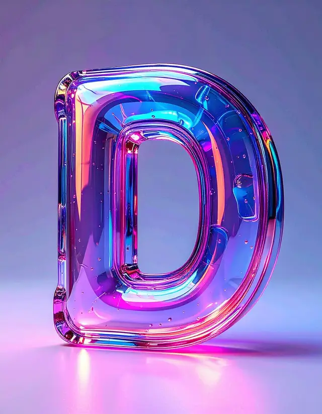Iridescent glass letter D — 3D typographic render