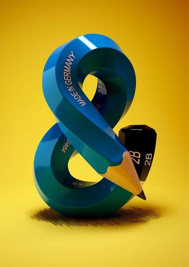 Ampersand-shaped blue pencil with 'MADE IN GERMANY' on yellow background