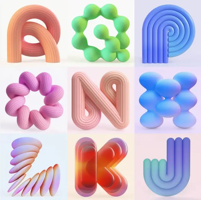 3x3 grid of abstract 3D tubular letterforms and sculpted shapes