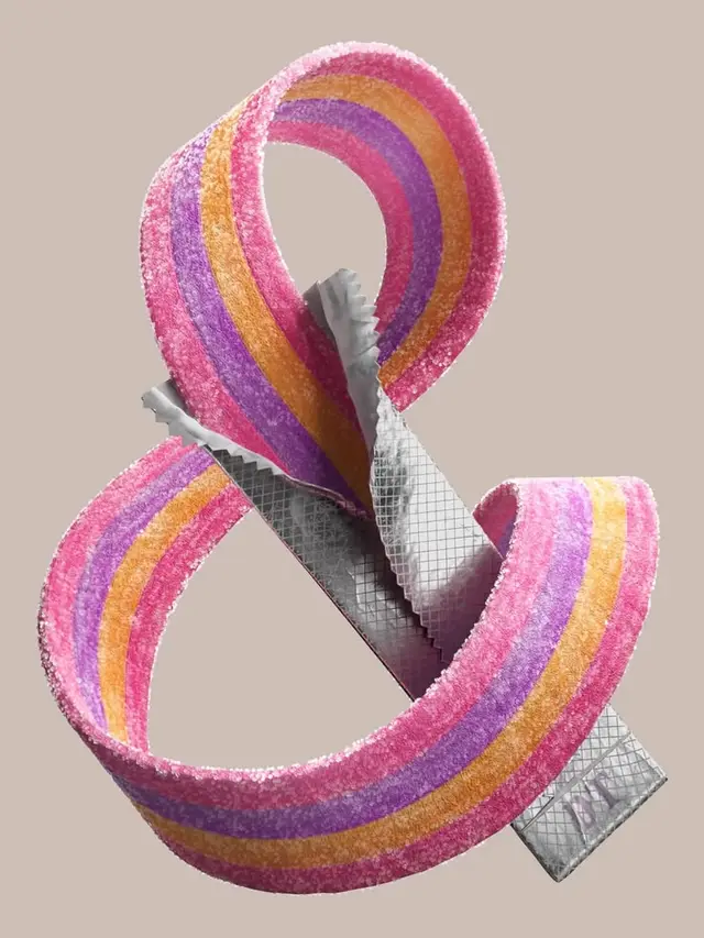 Sugar-coated striped gummy belt looped around serrated foil wrapper