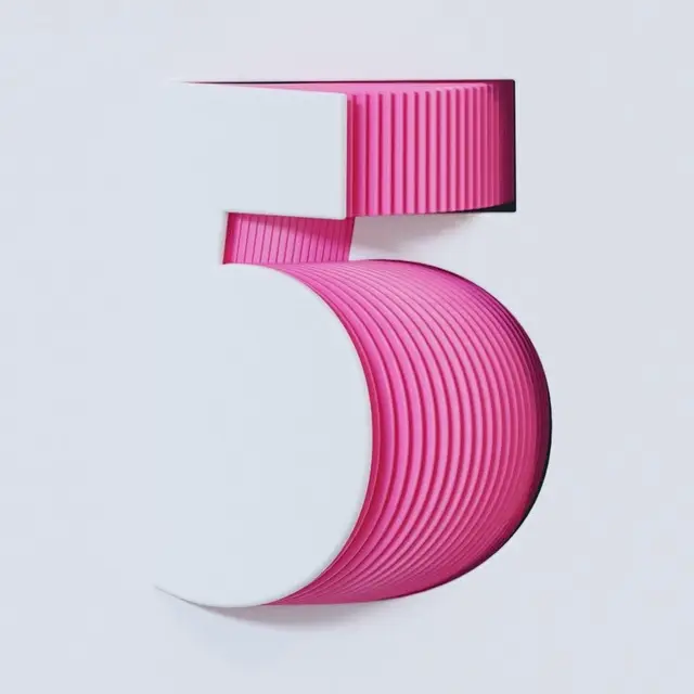 Layered Pink & White 3D Numeral 5 — Ribbed Paper Sculpture
