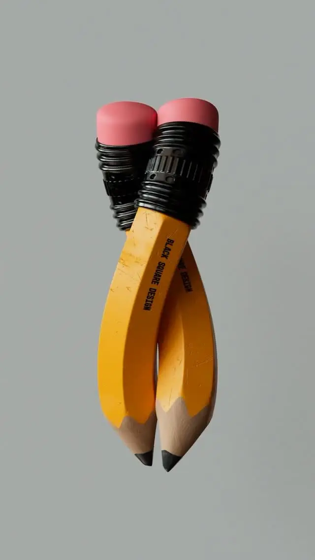 Intertwined Short Yellow Pencils with Pink Erasers (BLACK SQUARE DESIGN)