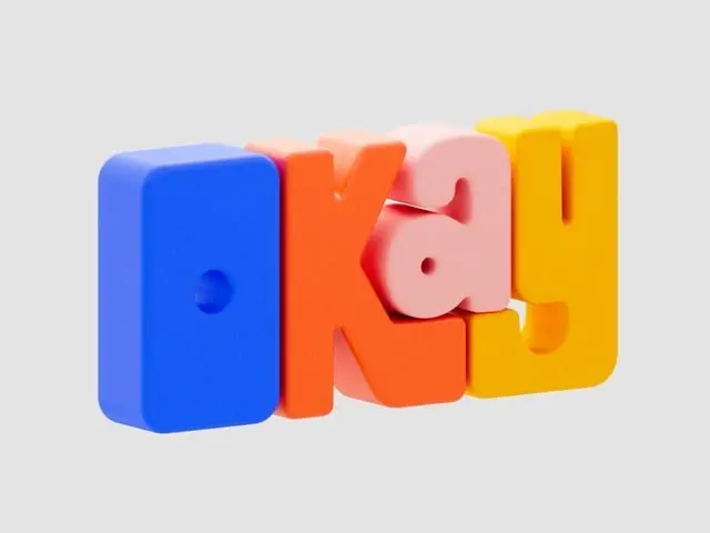 Colorful 3D block letters spelling "okay" — rounded matte typography