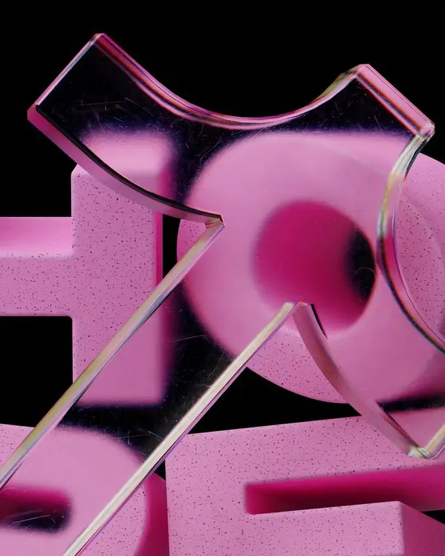 Pink speckled letterforms with beveled transparent acrylic overlay