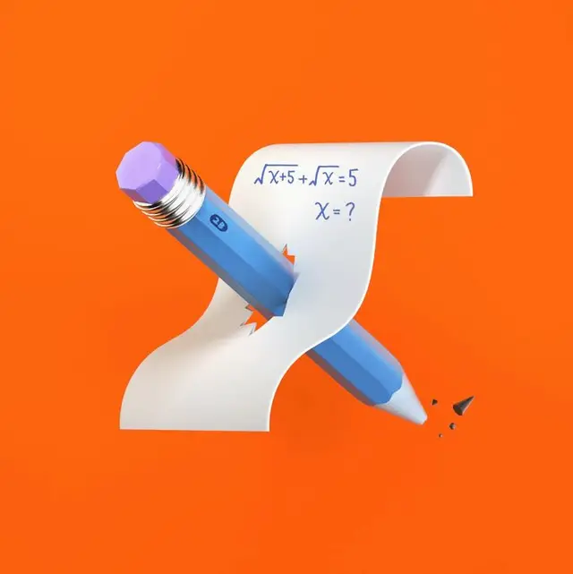 Blue hexagonal pencil piercing curled paper with handwritten square-root equation
