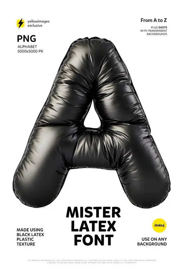 Glossy black latex inflatable letter A — Mister Latex font PNG mockup
