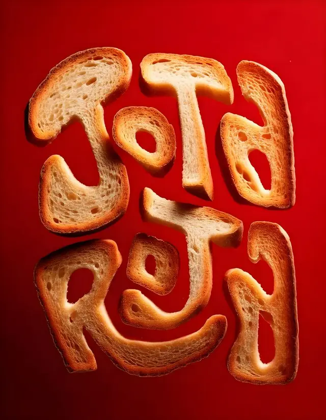 Toasted bread slices arranged as abstract letter shapes on red backdrop