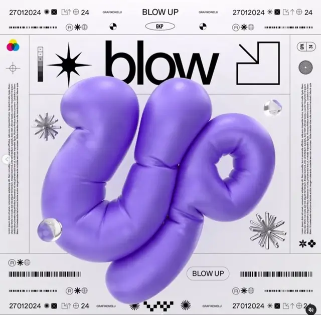 Glossy purple inflatable sculpture poster with print-test layout