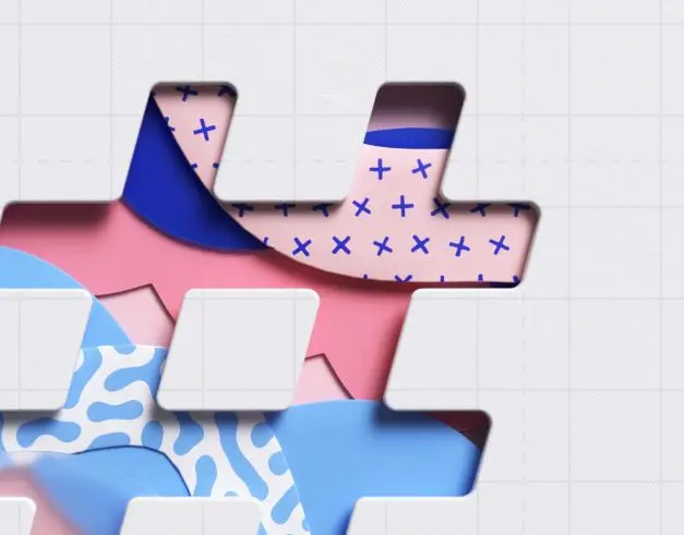 Layered paper-cut jigsaw tiles revealing pastel Memphis patterns