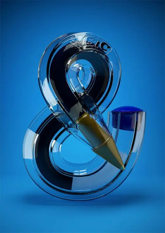 Transparent ampersand sculpture with ballpoint refill on blue background