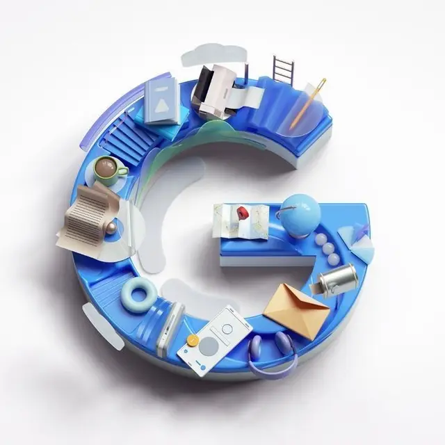 Glossy 3D blue letter 'G' formed by modular shelves with office and travel objects