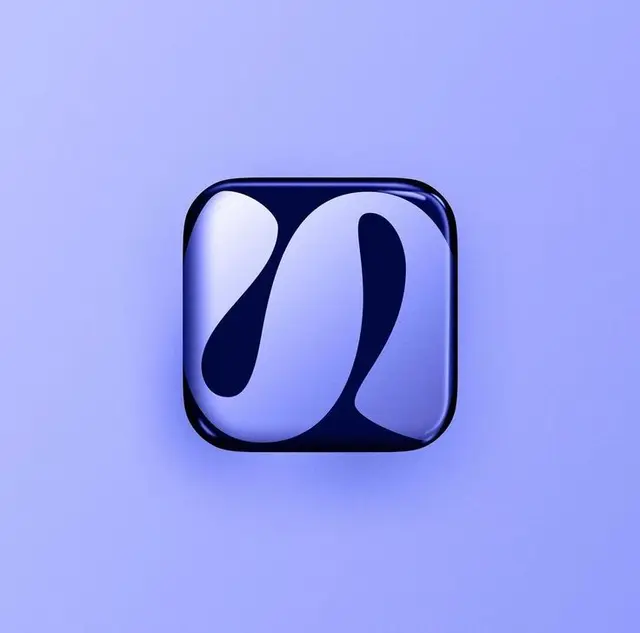Glossy navy rounded-square app icon with stylized 'S' negative-space logo
