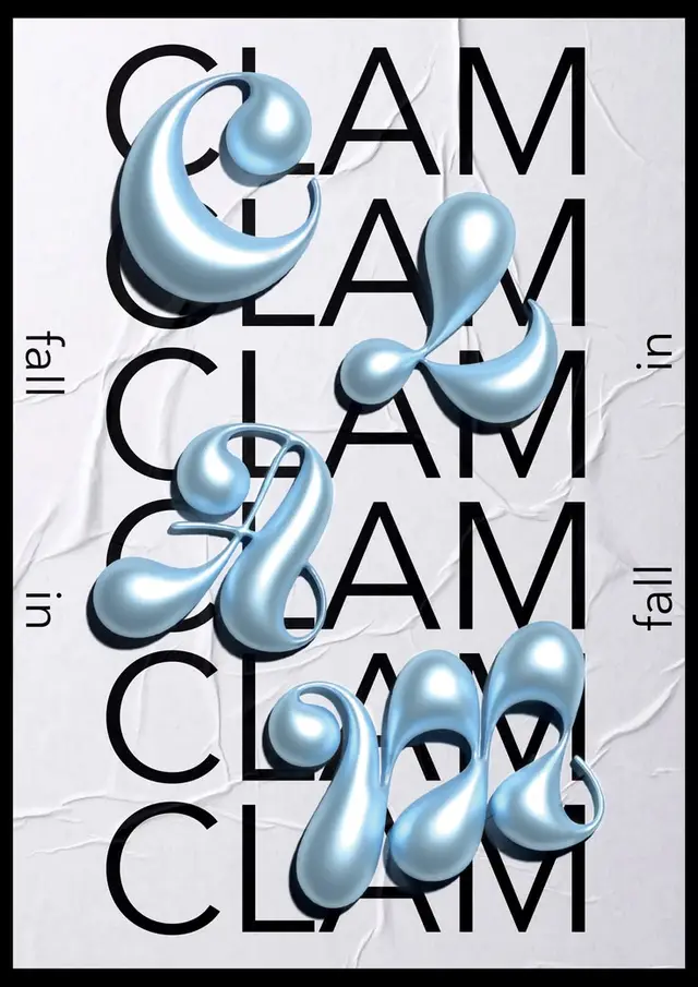 Poster with glossy light‑blue 3D droplets over repeated "CLAM" typography