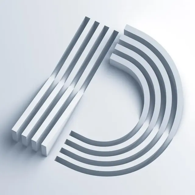 Minimal 3D white geometric composition with parallel bars and concentric semicircles