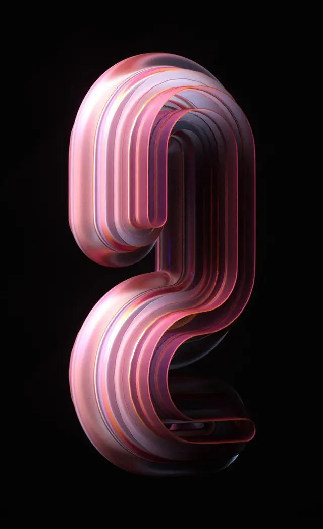 Translucent Layered Glass Ribbon Shaped Like Numeral 2 — Pink Neon CGI