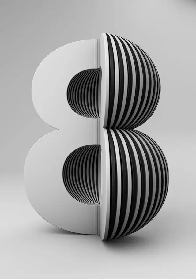 Layered striped numeral '3' — monochrome 3D typographic sculpture