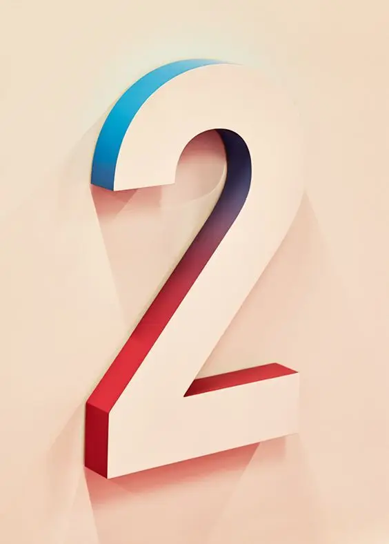 3D Paper-Cut Numeral 2 with Cyan and Red Edges