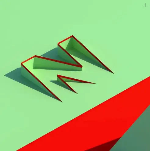 Folded-paper 'M' sculpture on mint plane with red diagonal edge