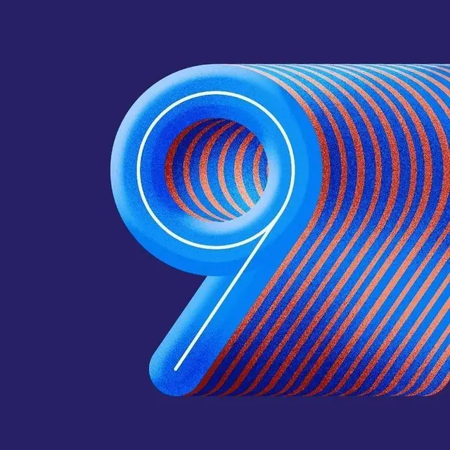 3D rolled ribbon forming numeral 9 — blue with orange diagonal stripes