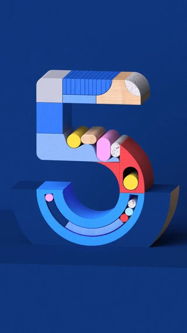 3D modular numeral '5' sculpture in painted wood and concrete
