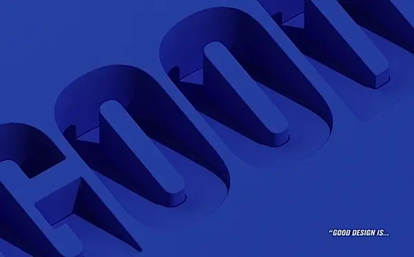 Monochrome cobalt-blue 3D cutout typography — "GOOD DESIGN IS..."