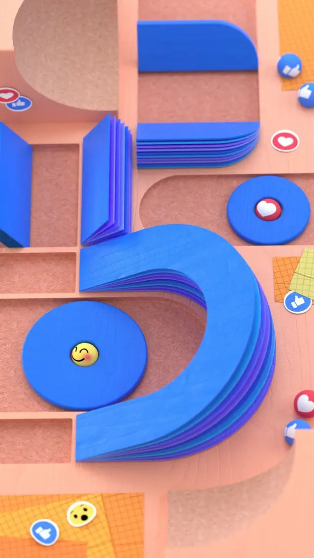 3D layered blue numeral '5' in peach compartment tray with emoji reaction tokens