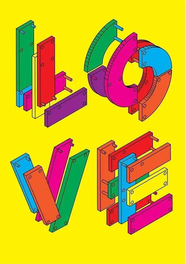 Isometric bolted-plank "LOVE" typography on neon yellow background