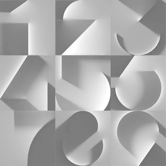 Monochrome Geometric Relief — 3x3 Grid of Cut Shapes
