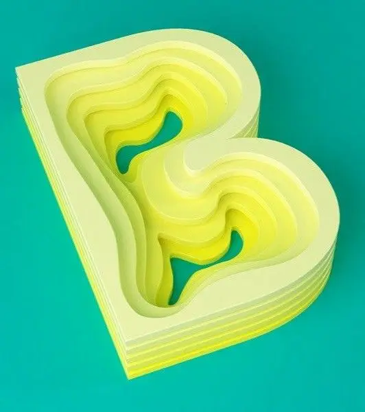 Layered Paper 'B' — Yellow Topographic Papercraft on Teal Background