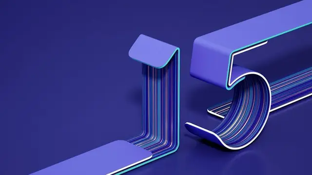3D ribbon typography — numerals 1 and 5 in layered striped ribbon
