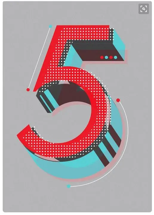 Graphic poster: red halftone numeral 5 with cyan 3D extrusion
