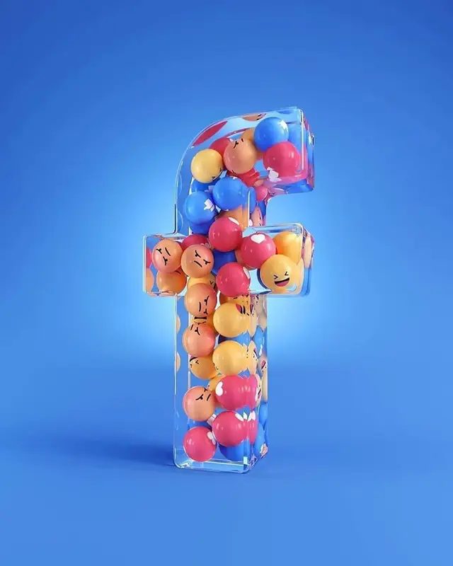 Clear acrylic lowercase 'f' filled with colorful emoji spheres — photorealistic 3D render