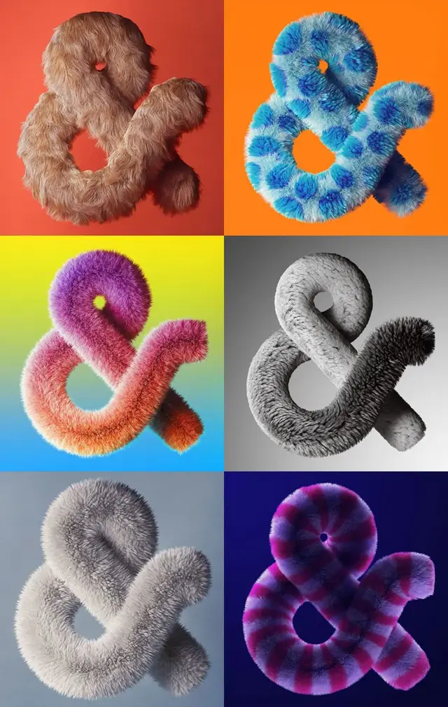 Furry Ampersand Typography — 6‑Panel 3D Material Study