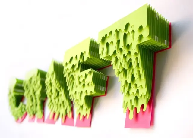 Neon-green layered drip-cut 3D typography on pink backboard