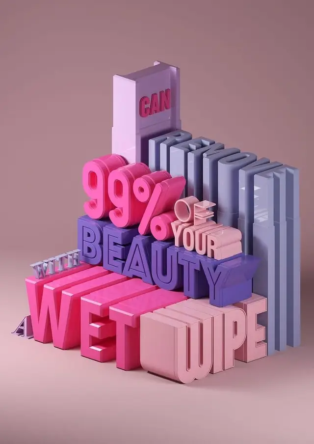 3D Pastel Typography Sculpture — '99% OF YOUR BEAUTY WET WIPE'