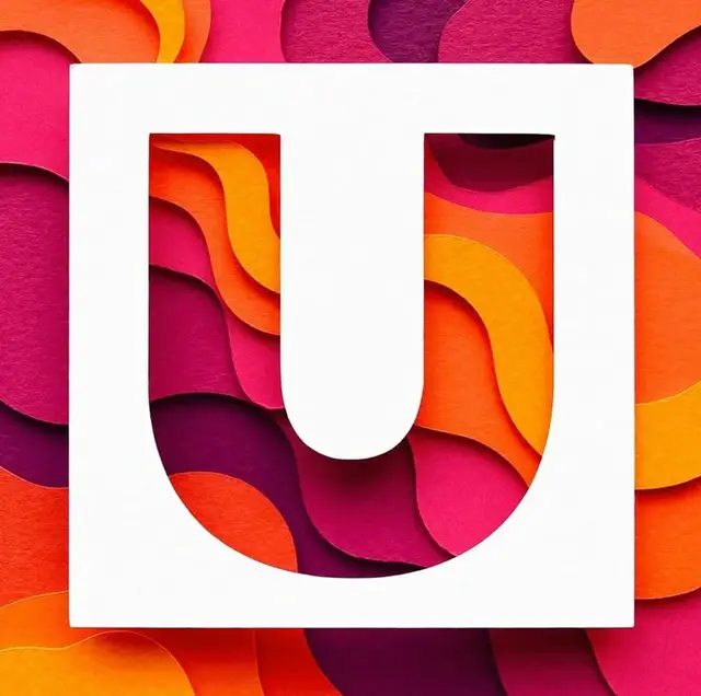 Negative-space 'U' cutout over layered magenta and orange paper waves