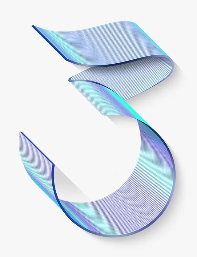 Iridescent Ribbon Numeral 3 — Holographic Line Art