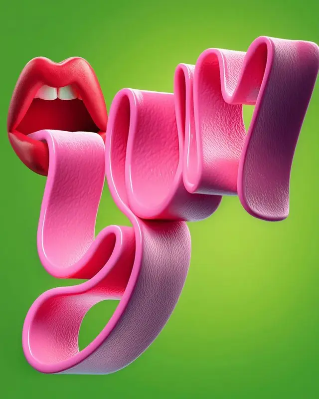 Glossy red lips unfurling textured pink ribbon on lime-green background