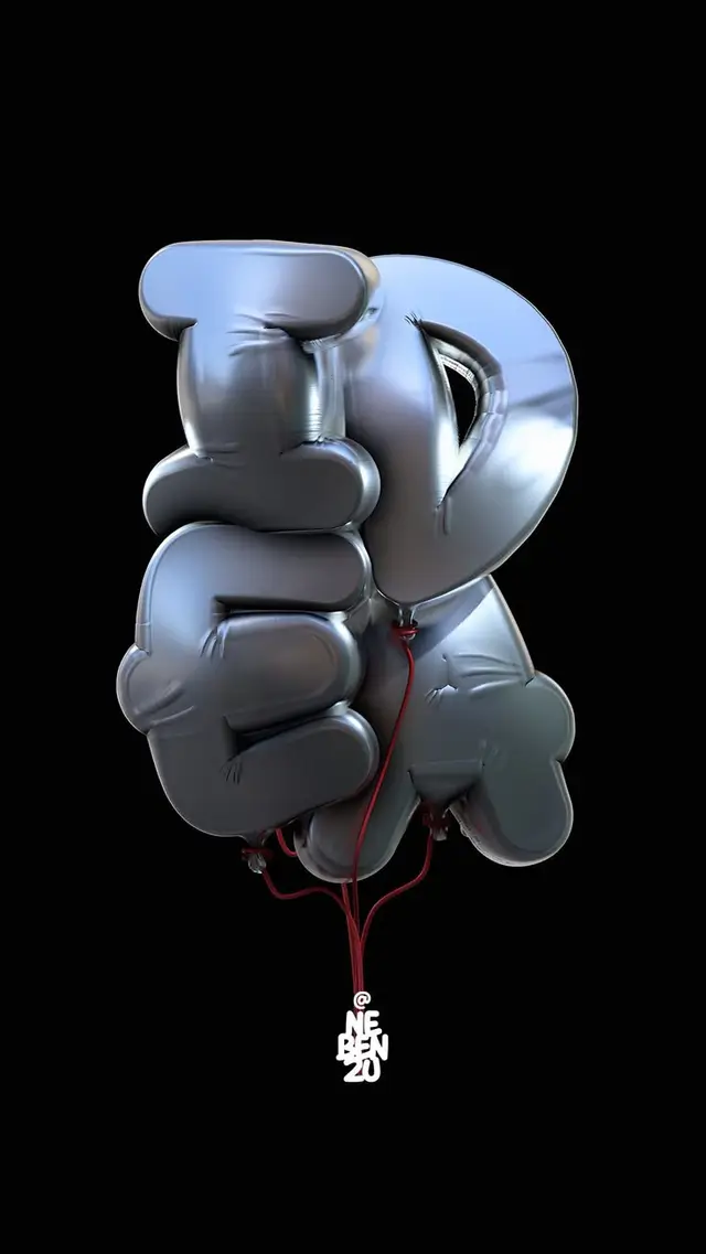 Silver Foil Balloon Typography with Red Strings on Black Background