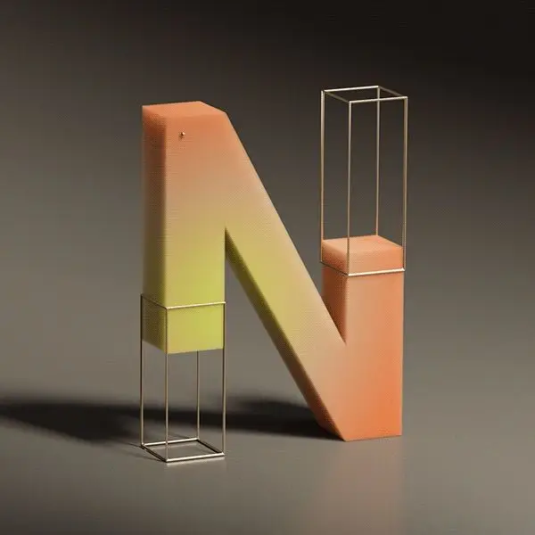 3D Sculptural Letter N with Gold Wireframe Supports