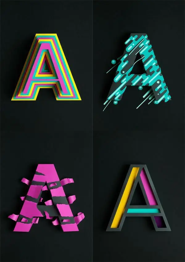 2x2 Panel of Experimental 3D Letter A Treatments