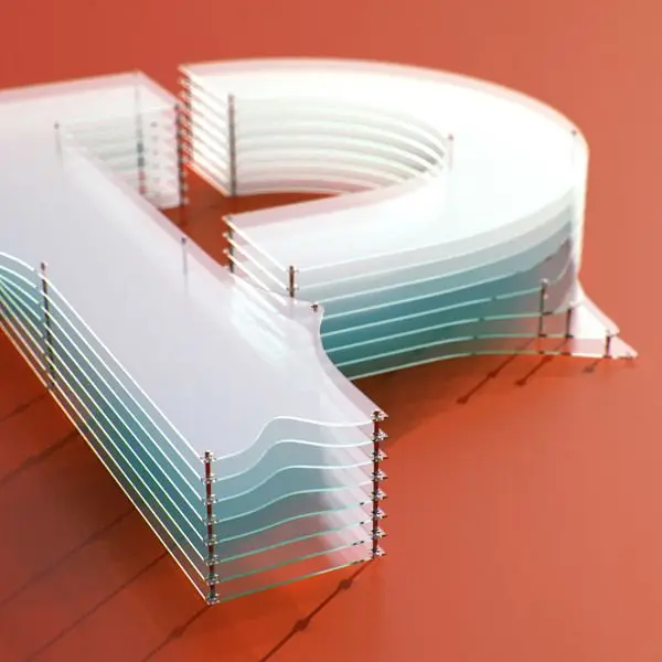 Stacked translucent acrylic letter R with stainless steel standoffs on coral background