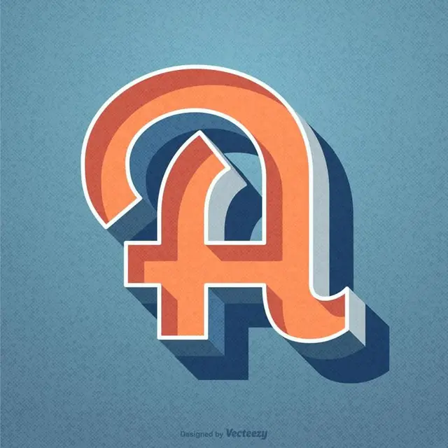 Retro 3D lowercase "a" — orange front, navy extrusion on textured teal background