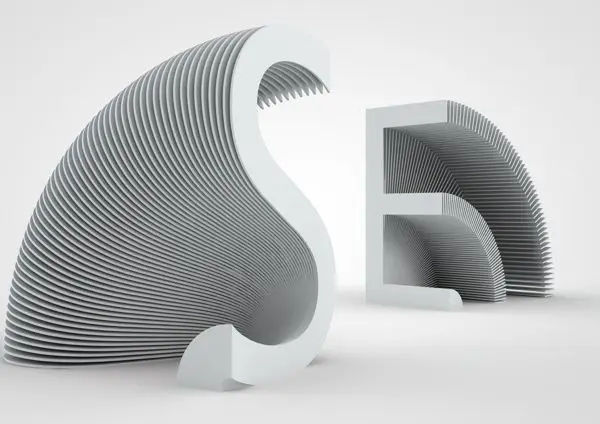Layered 3D typographic sculptures — white 'S' and 'B' made of stacked slices