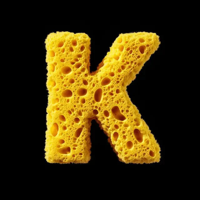 Yellow kitchen sponge shaped as letter K on black background