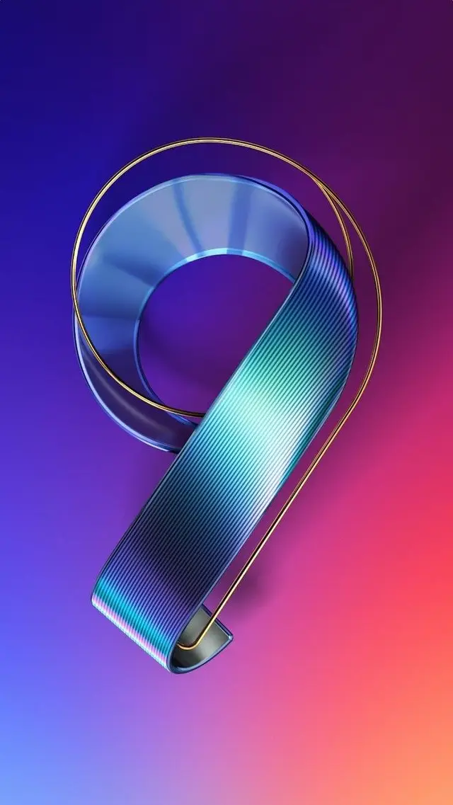 Iridescent metallic ribbon forming the number 9 with gold wire on purple-pink gradient