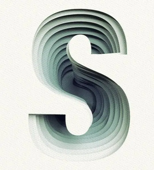 Layered paper-cut capital "S" — teal-to-slate 3D typography