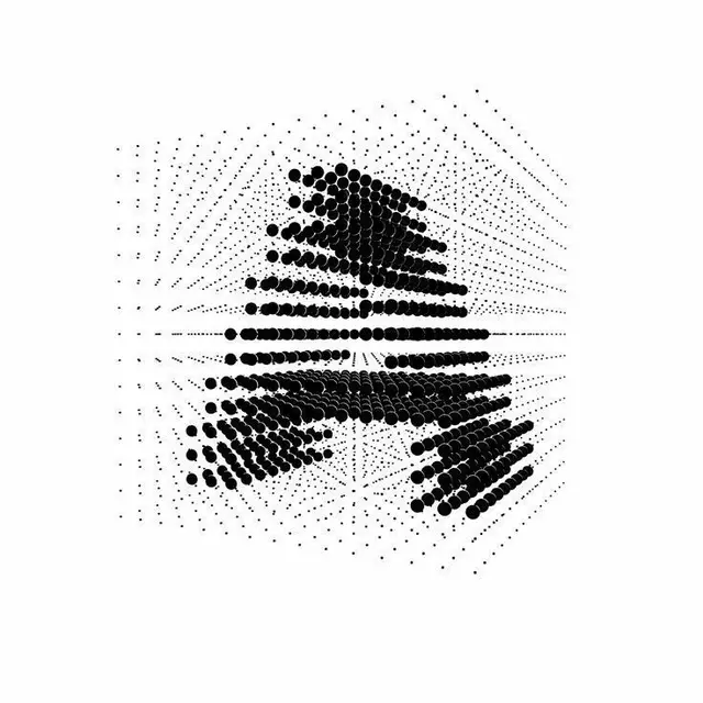 3D Dot-Matrix 'A' in Cubic Grid — Monochrome Generative Poster