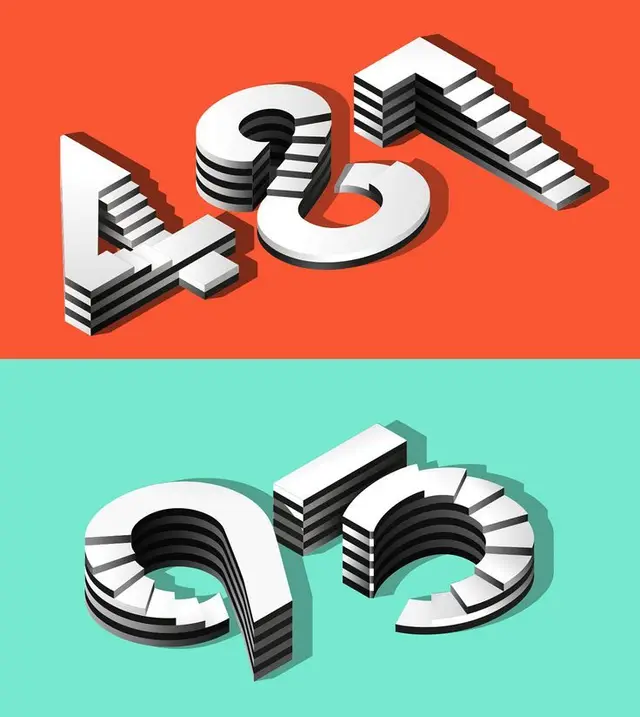 Stacked 3D numerals with stair-step layers on coral and mint split background